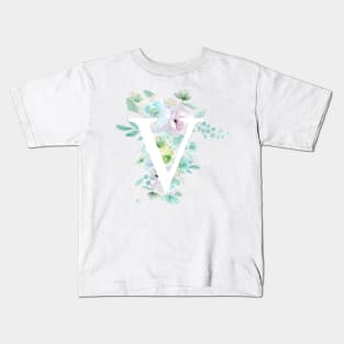 Botanical alphabet V green and purple flowers Kids T-Shirt